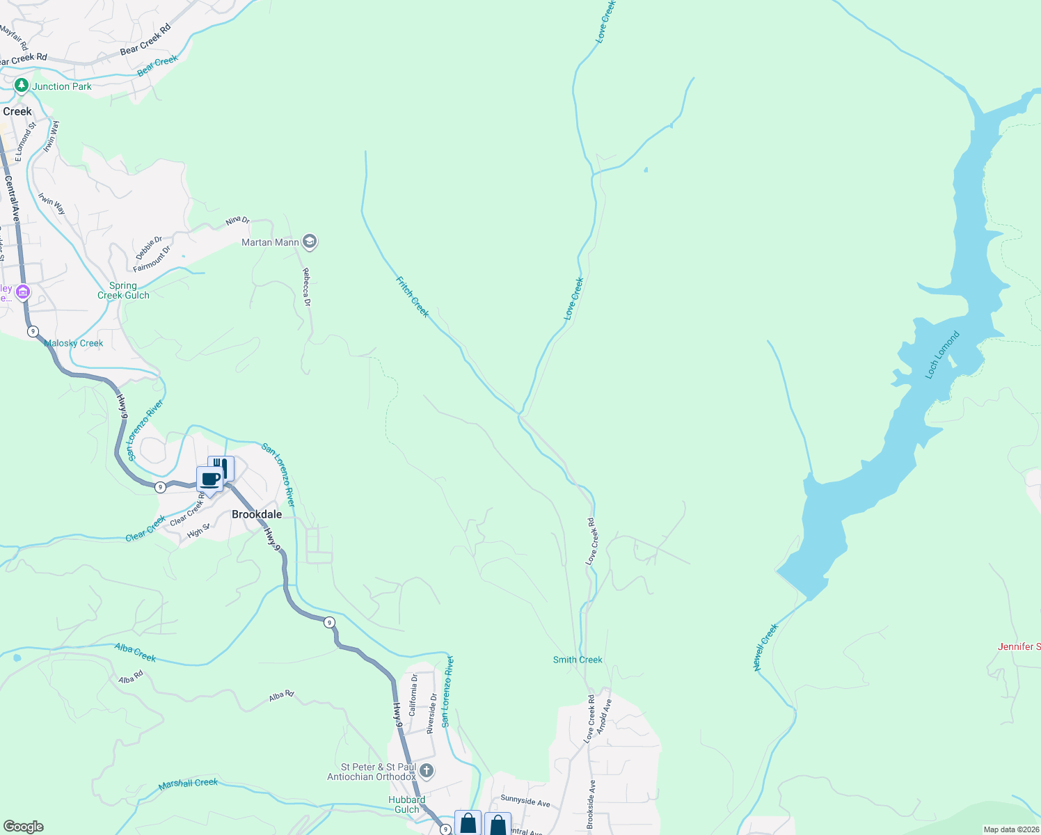 map of restaurants, bars, coffee shops, grocery stores, and more near 12845 Love Creek Road in Ben Lomond