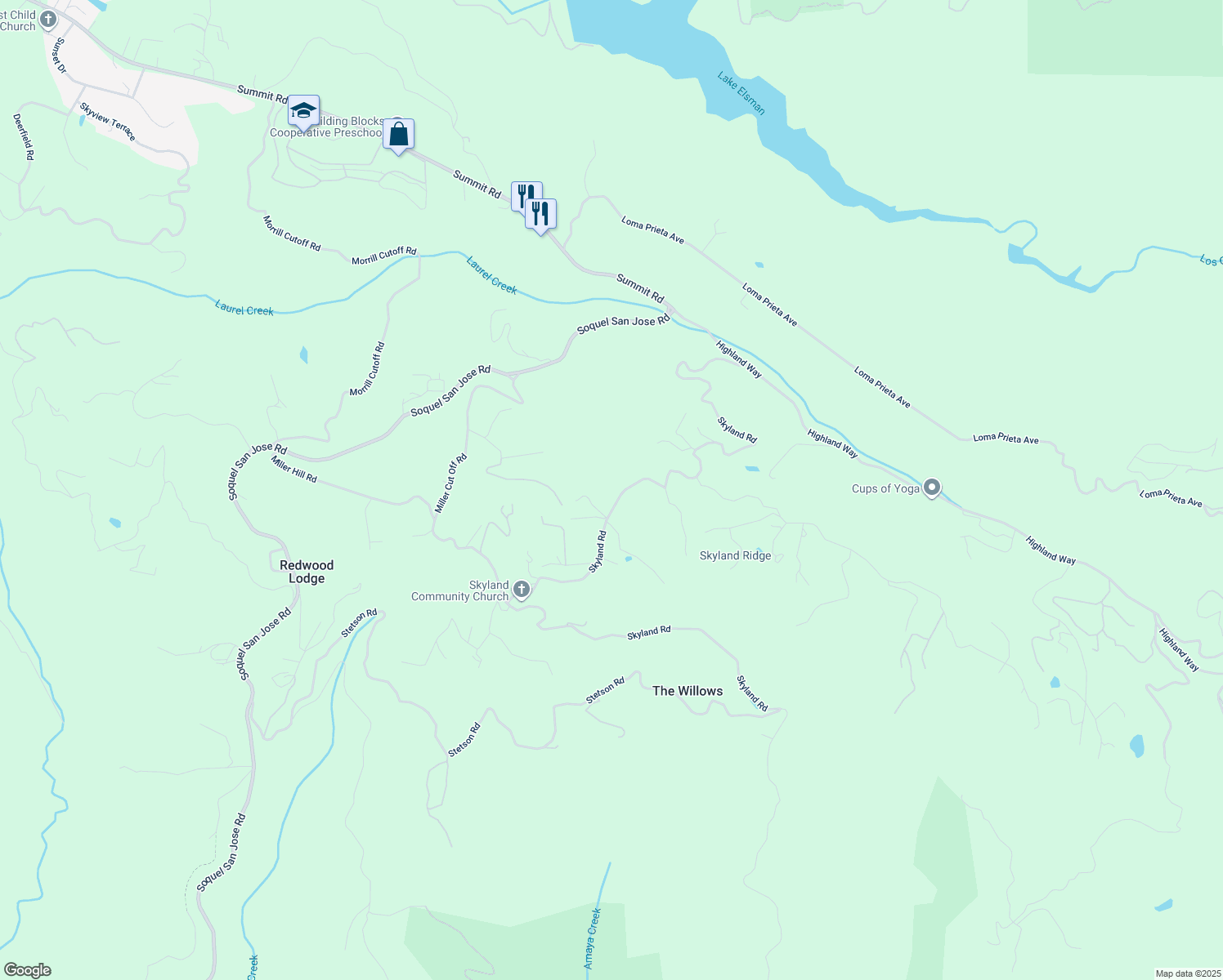map of restaurants, bars, coffee shops, grocery stores, and more near 24895 Skyland Road in Los Gatos