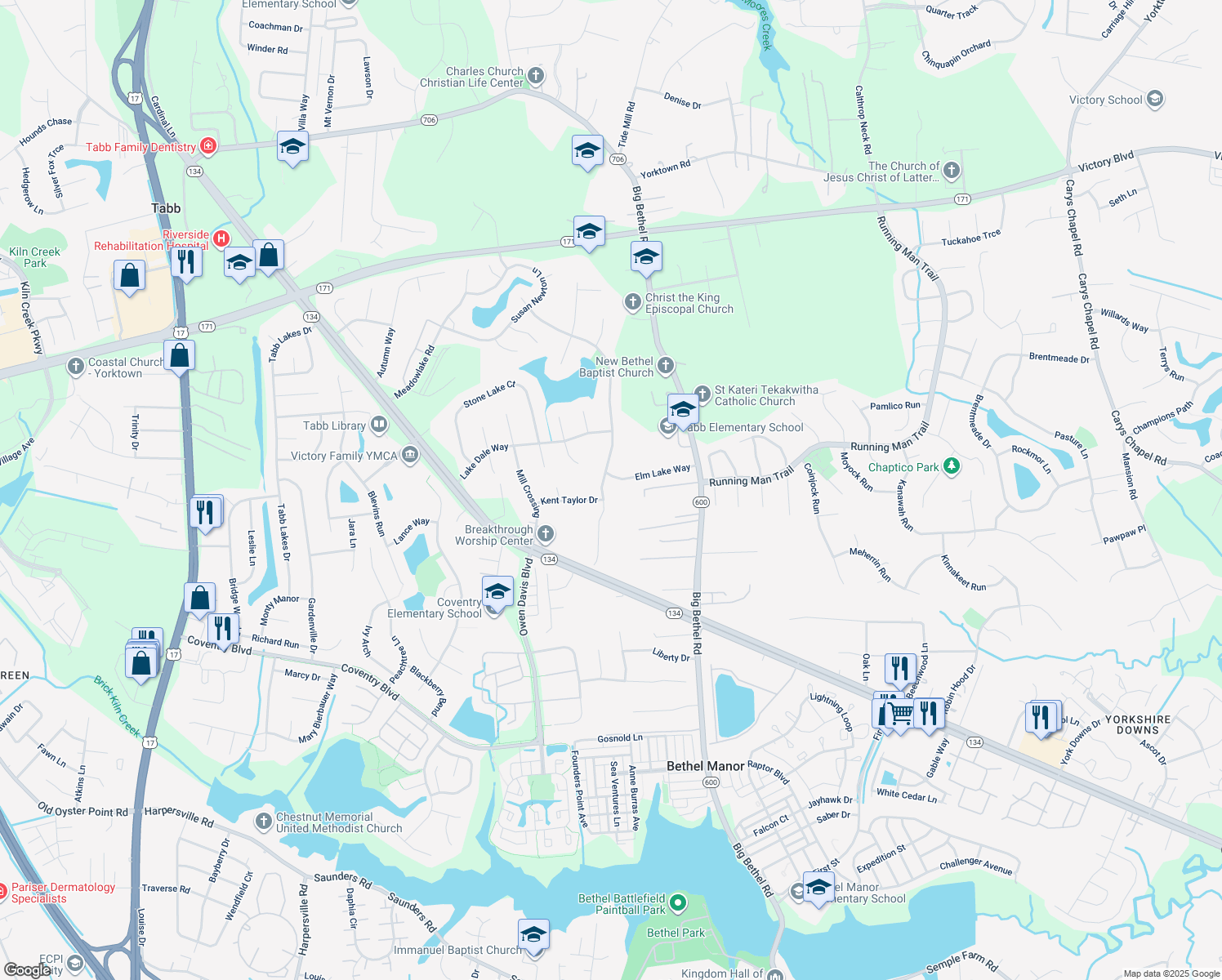 map of restaurants, bars, coffee shops, grocery stores, and more near 503 Lakeland Crescent in Yorktown