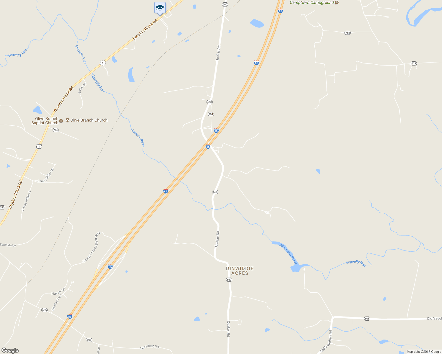 map of restaurants, bars, coffee shops, grocery stores, and more near 11623 Quaker Road in Dinwiddie