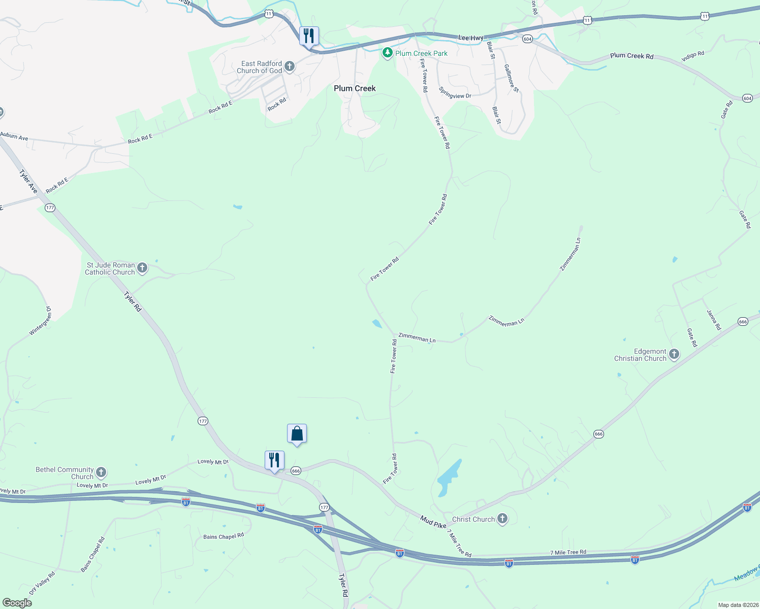 map of restaurants, bars, coffee shops, grocery stores, and more near 2174 Fire Tower Road in Christiansburg