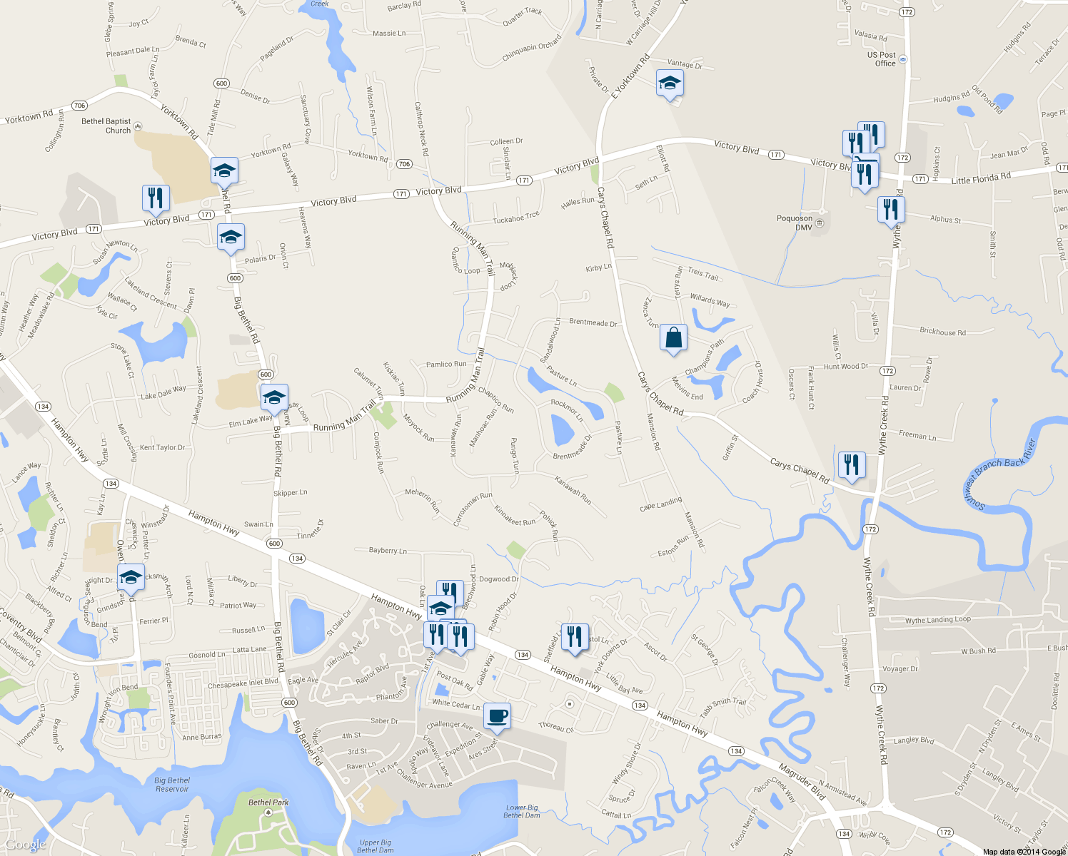 map of restaurants, bars, coffee shops, grocery stores, and more near 406 Brentmeade Drive in Yorktown