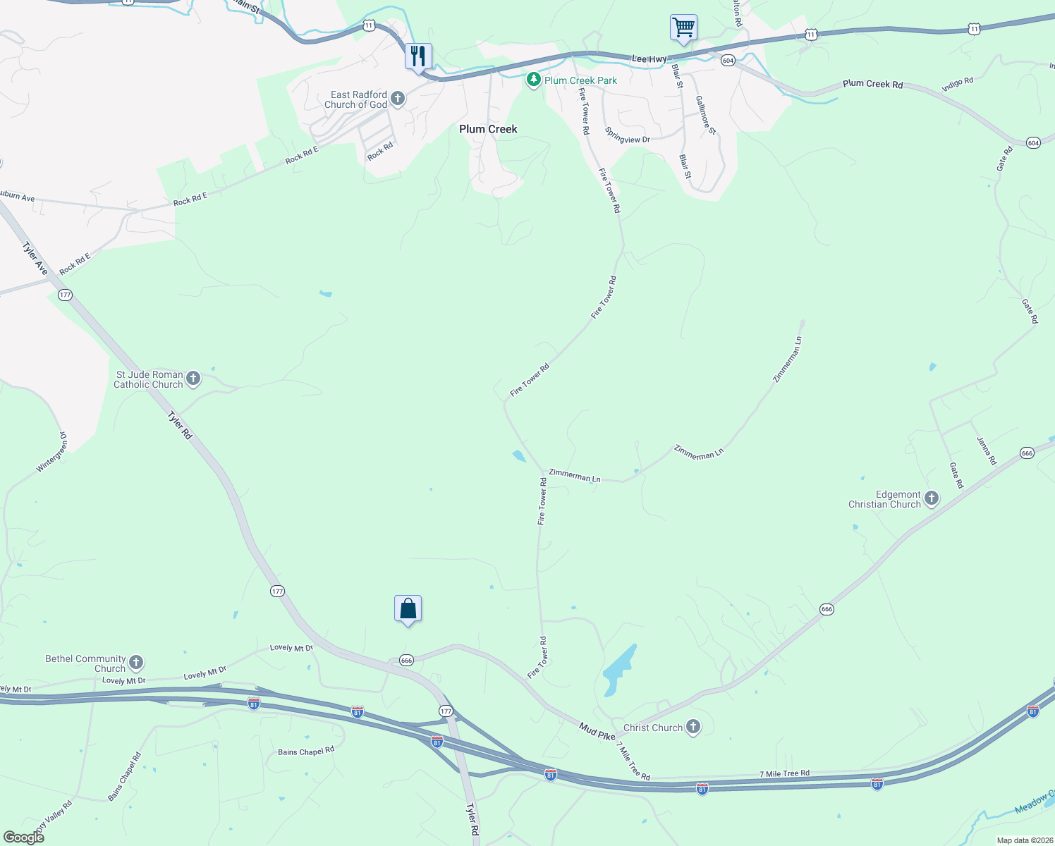 map of restaurants, bars, coffee shops, grocery stores, and more near 2174 Fire Tower Road in Christiansburg
