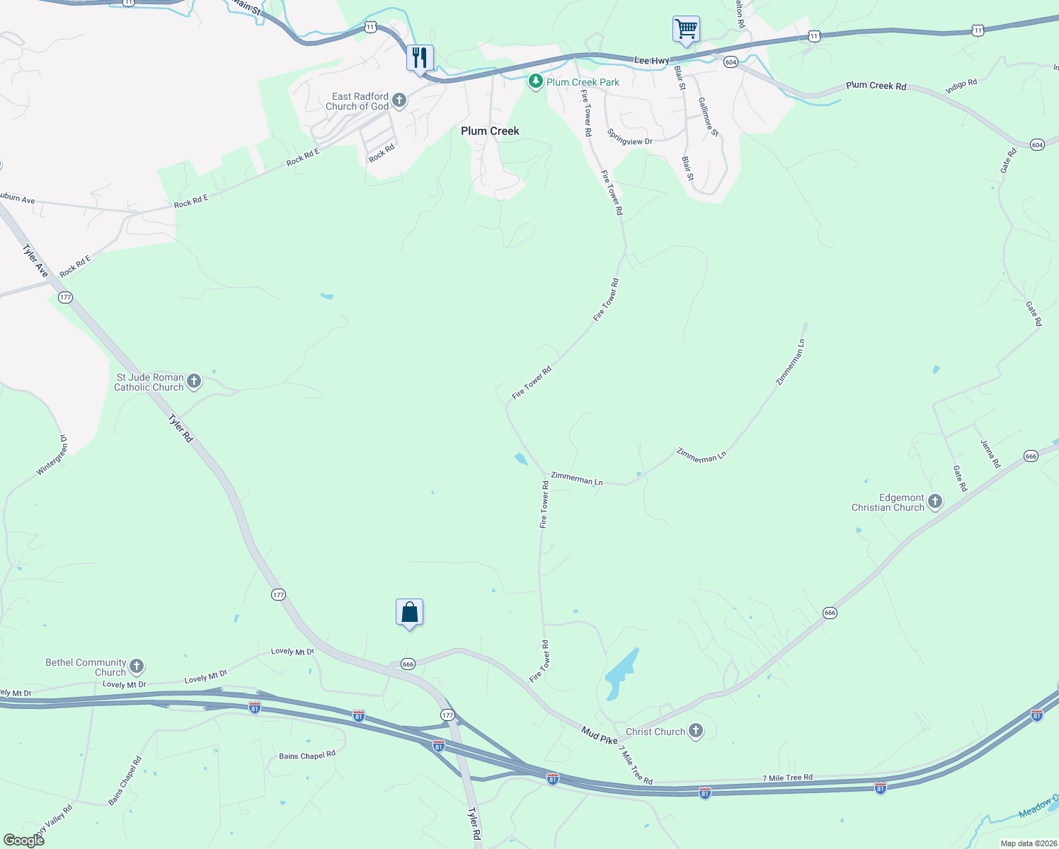 map of restaurants, bars, coffee shops, grocery stores, and more near 2174 Fire Tower Road in Christiansburg