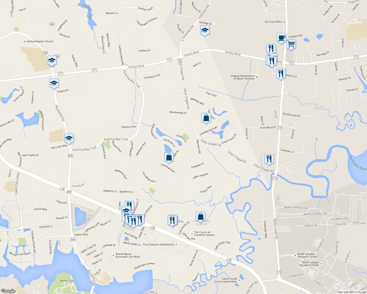 map of restaurants, bars, coffee shops, grocery stores, and more near 607 Brentmeade Drive in Yorktown
