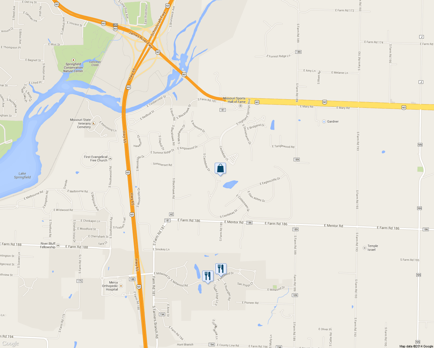 map of restaurants, bars, coffee shops, grocery stores, and more near 5544 South Castlebay Drive in Springfield