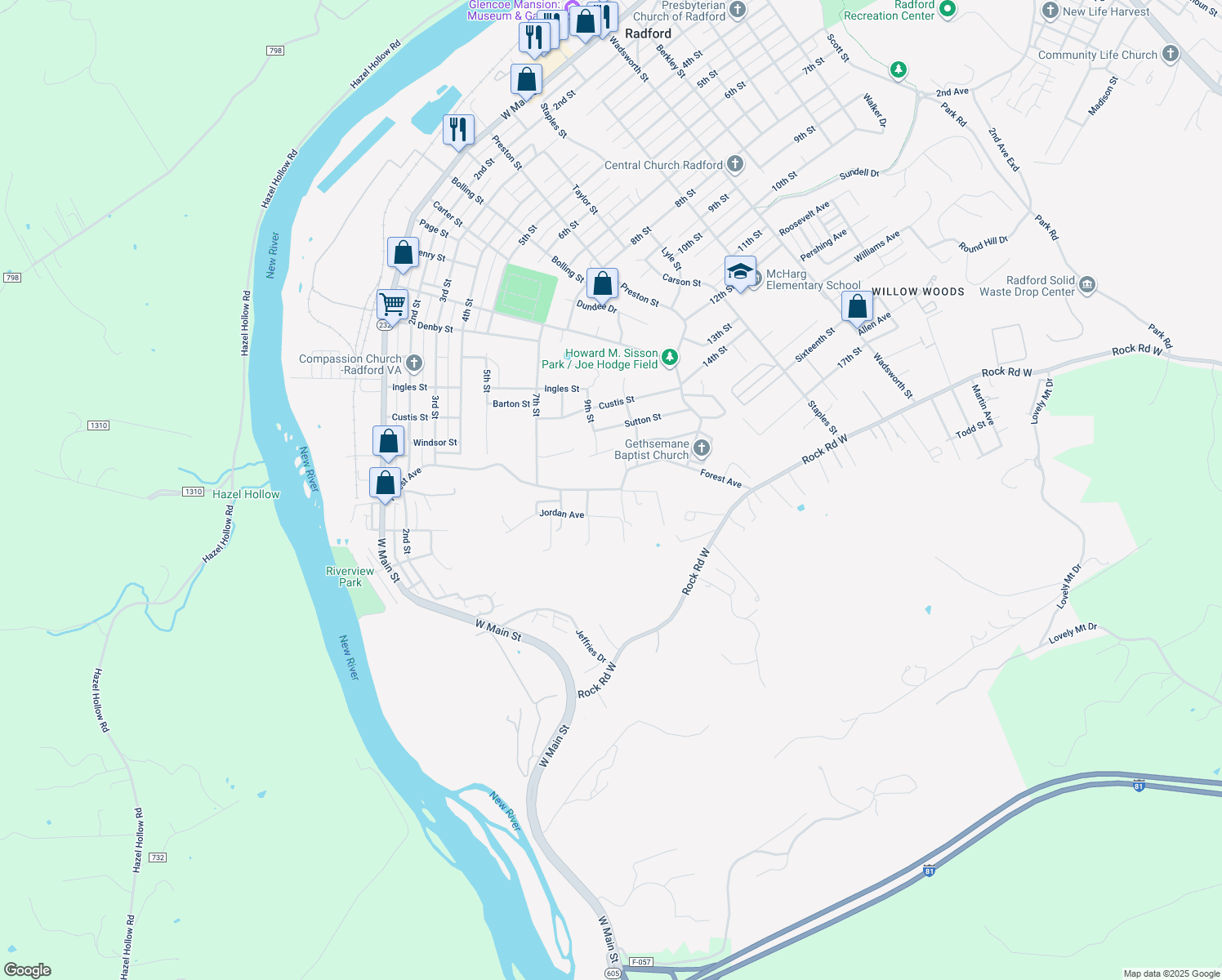 map of restaurants, bars, coffee shops, grocery stores, and more near 921 Forest Avenue in Radford