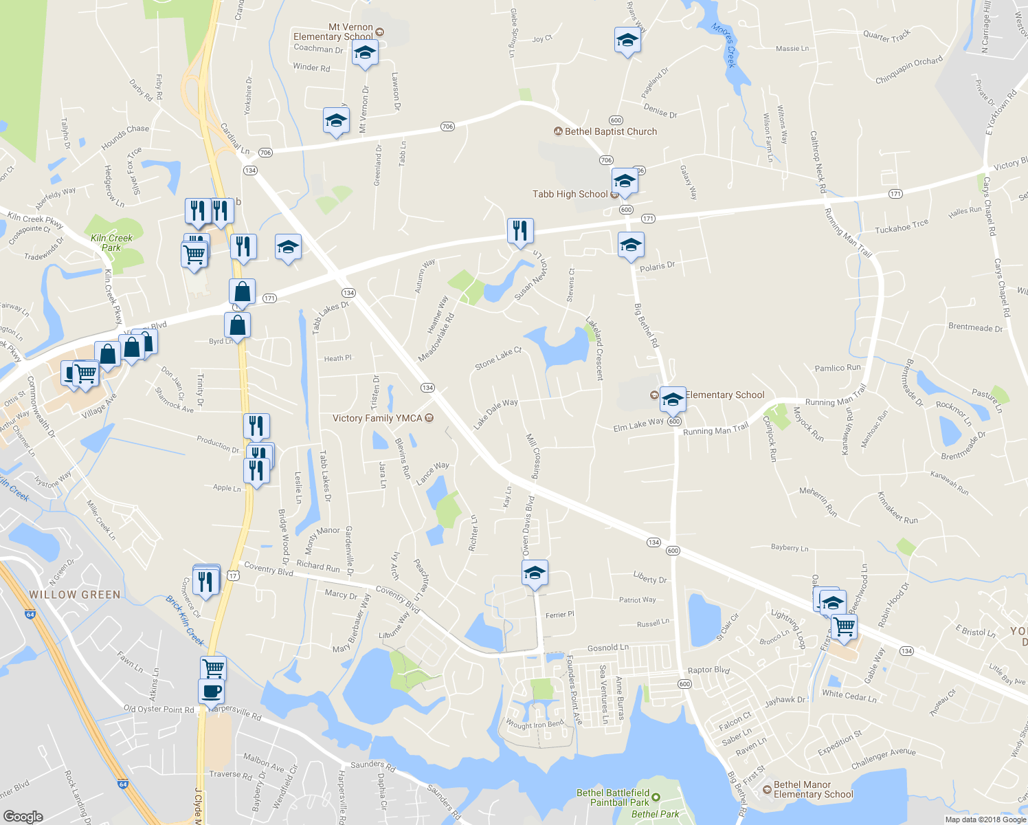 map of restaurants, bars, coffee shops, grocery stores, and more near 215 Mill Crossing in Yorktown