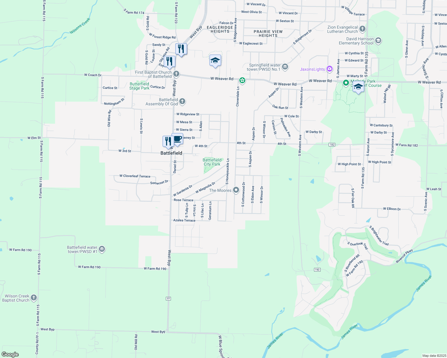 map of restaurants, bars, coffee shops, grocery stores, and more near 3948 West Magnolia Drive in Battlefield