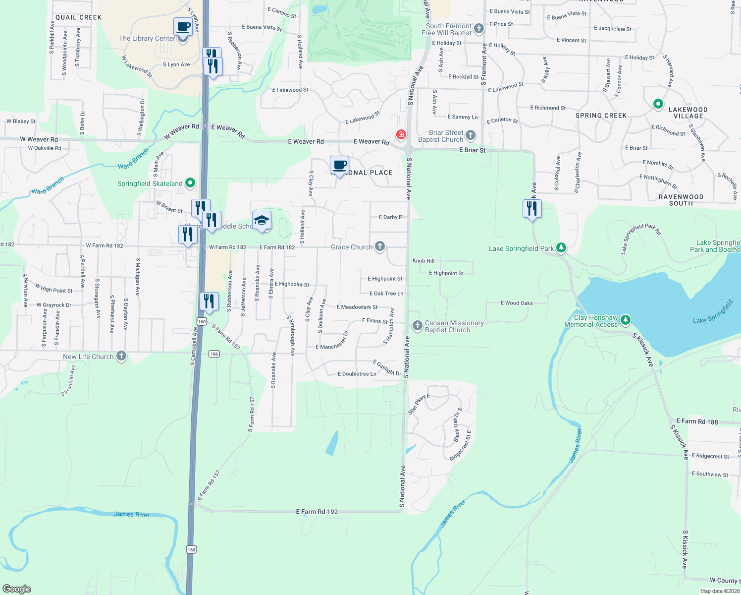 map of restaurants, bars, coffee shops, grocery stores, and more near 1044 East Oak Tree Lane in Springfield