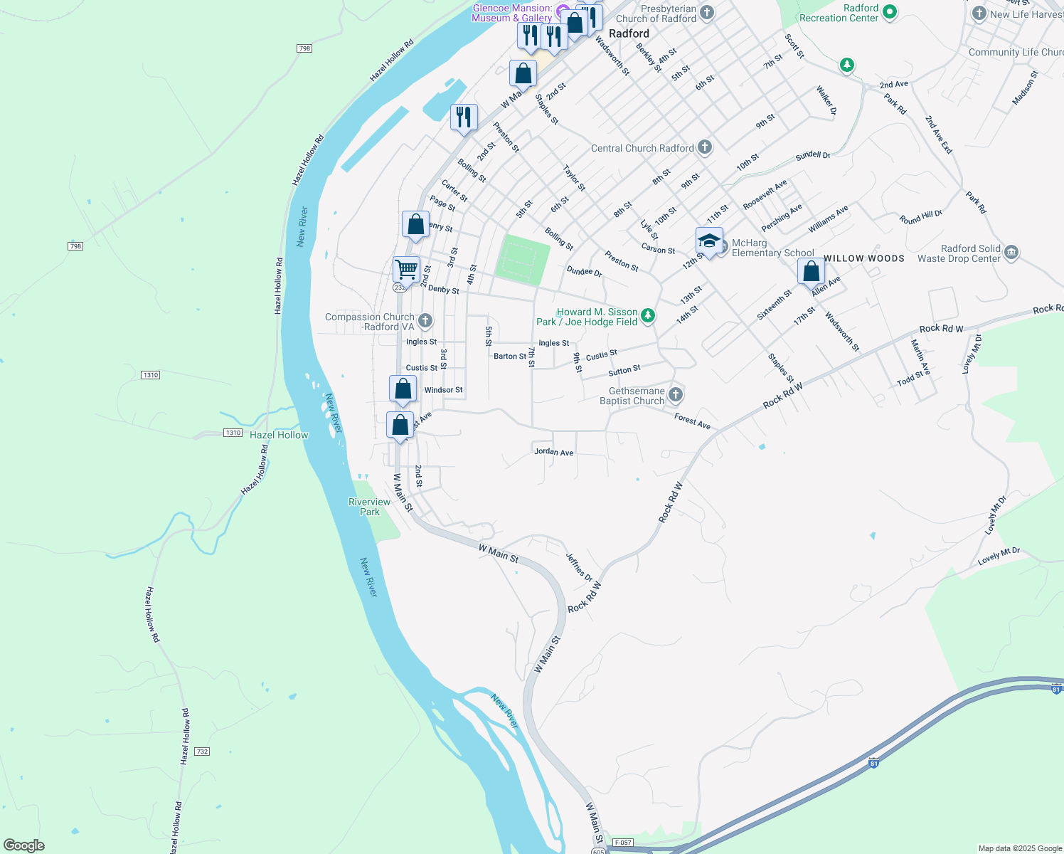 map of restaurants, bars, coffee shops, grocery stores, and more near 2111 7th St in Radford