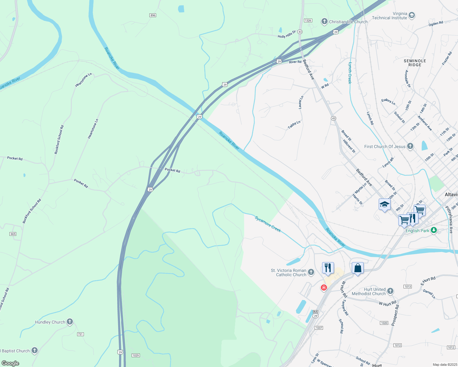 map of restaurants, bars, coffee shops, grocery stores, and more near 1369 Pocket Road in Hurt