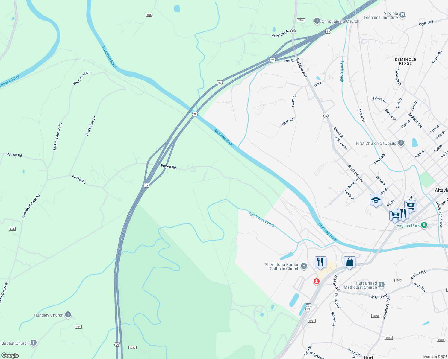 map of restaurants, bars, coffee shops, grocery stores, and more near 1369 Pocket Road in Hurt