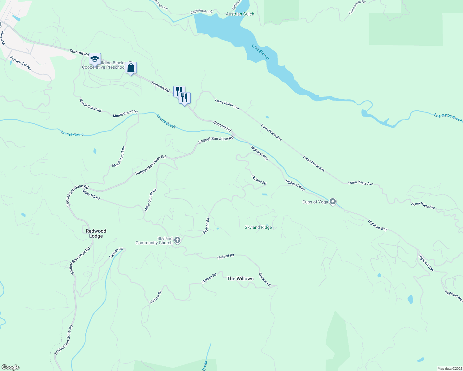 map of restaurants, bars, coffee shops, grocery stores, and more near 24595 Skyland Road in Los Gatos