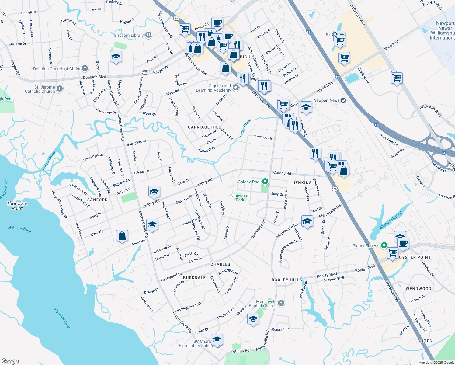 map of restaurants, bars, coffee shops, grocery stores, and more near 237 Yoder Lane in Newport News