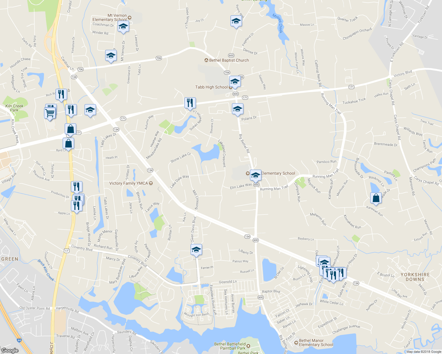 map of restaurants, bars, coffee shops, grocery stores, and more near 404 Lakeland Crescent in Yorktown