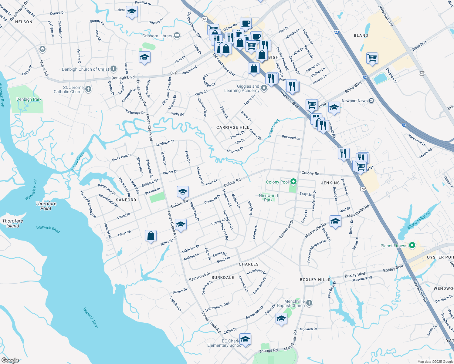 map of restaurants, bars, coffee shops, grocery stores, and more near 294 Colony Road in Newport News