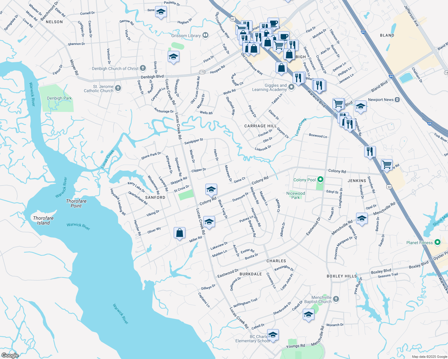 map of restaurants, bars, coffee shops, grocery stores, and more near 228 May Court in Newport News
