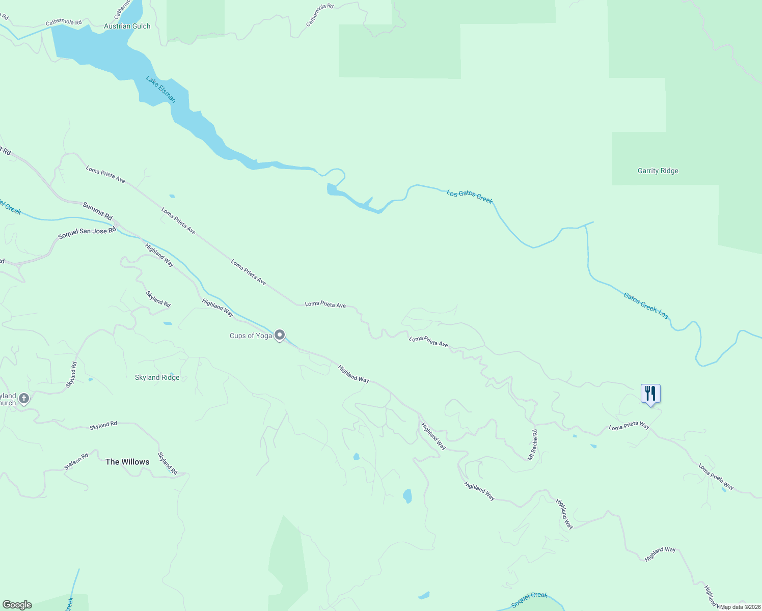 map of restaurants, bars, coffee shops, grocery stores, and more near 24733 Loma Prieta Avenue in Los Gatos