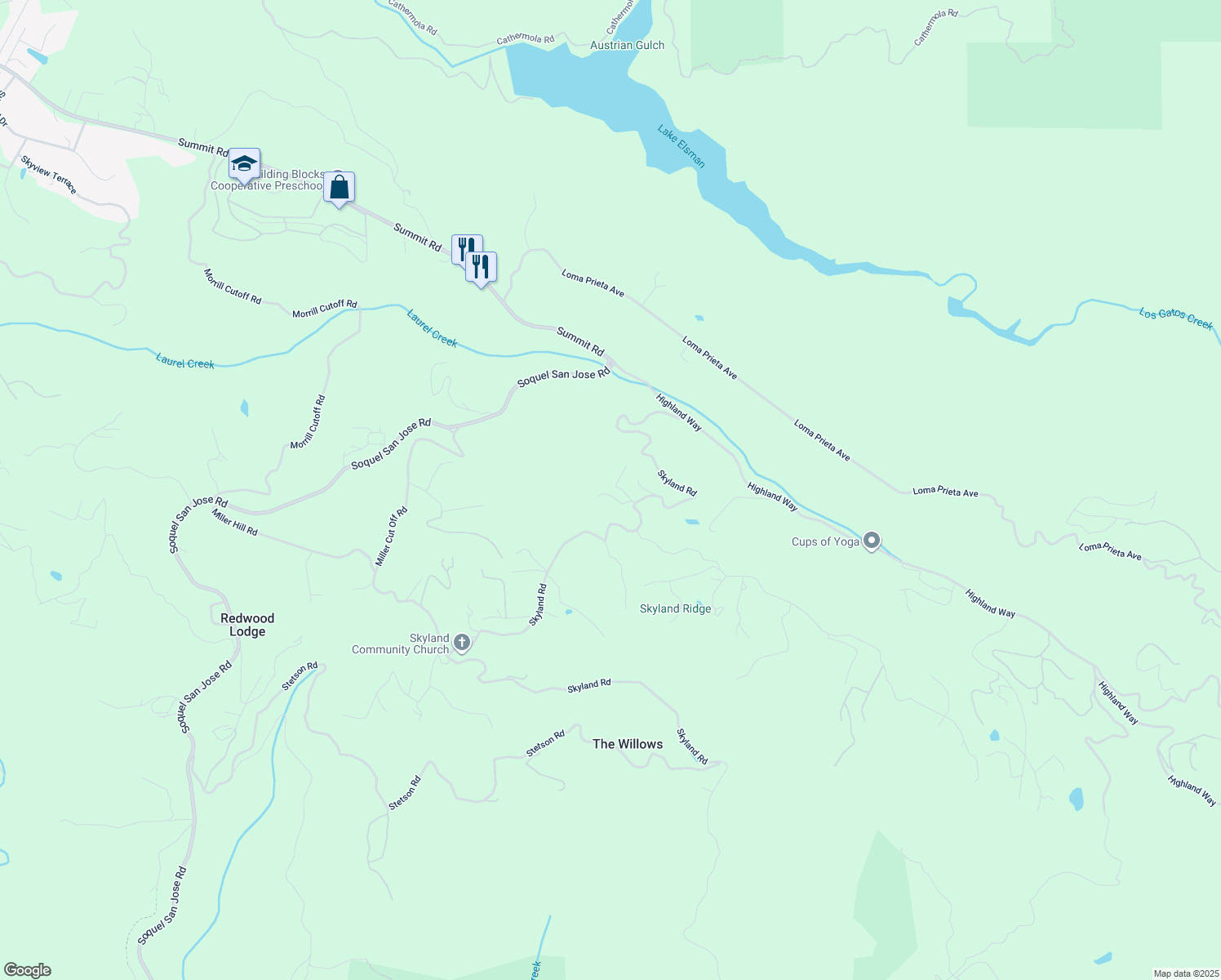 map of restaurants, bars, coffee shops, grocery stores, and more near 24595 Skyland Road in Los Gatos