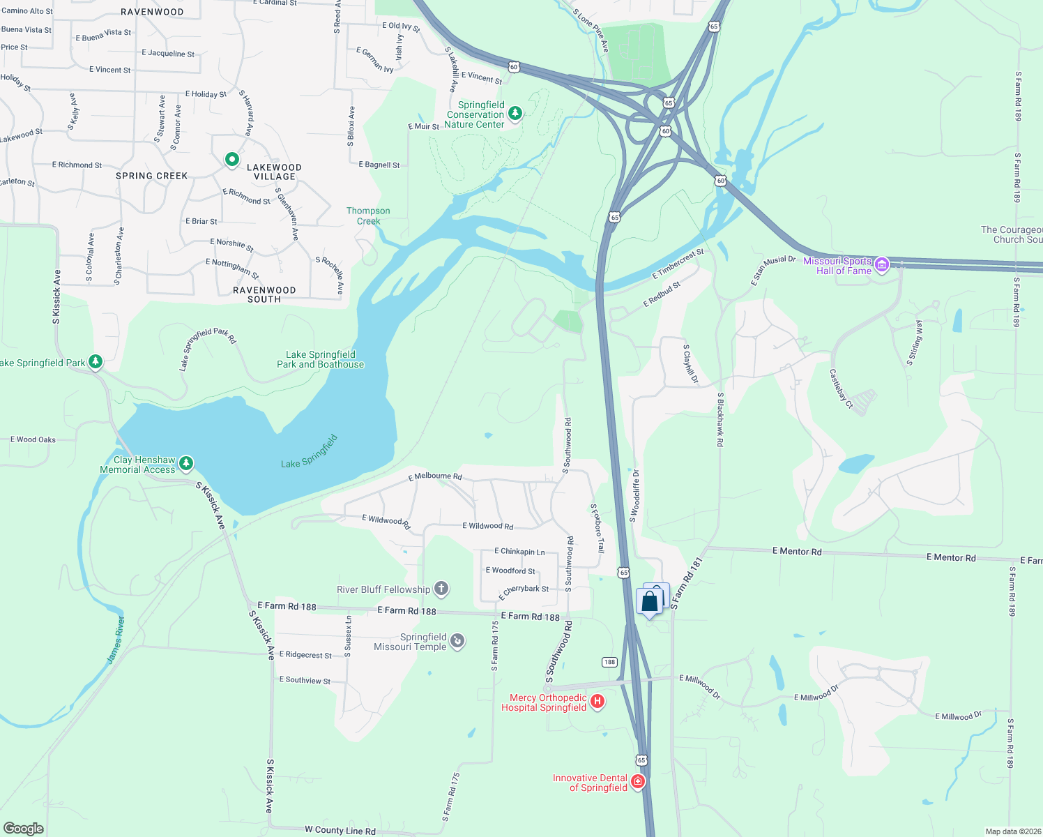 map of restaurants, bars, coffee shops, grocery stores, and more near 2875 East Kemmling Lane in Springfield
