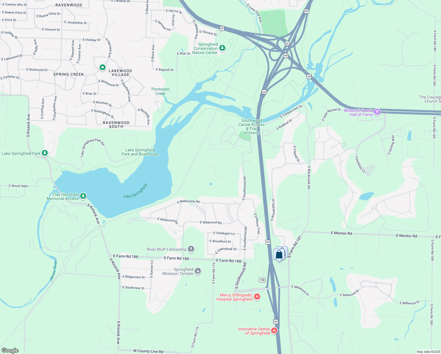 map of restaurants, bars, coffee shops, grocery stores, and more near 2875 East Kemmling Lane in Springfield