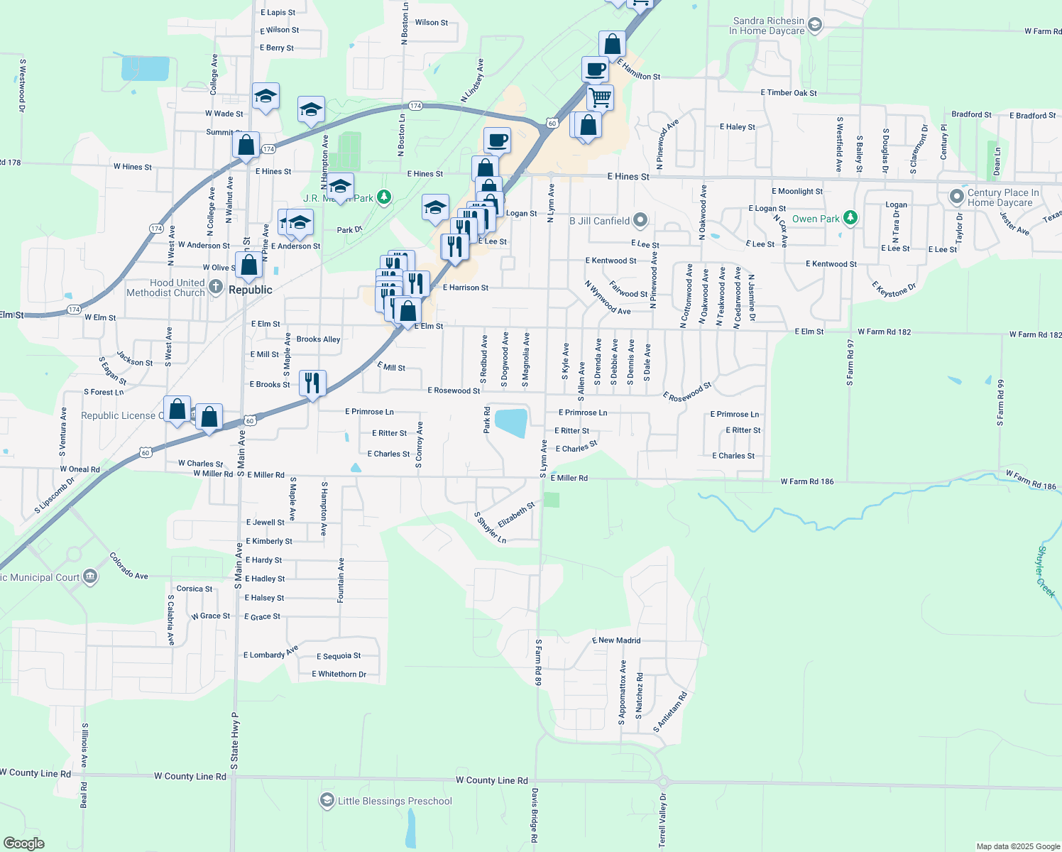 map of restaurants, bars, coffee shops, grocery stores, and more near Park Road in Republic