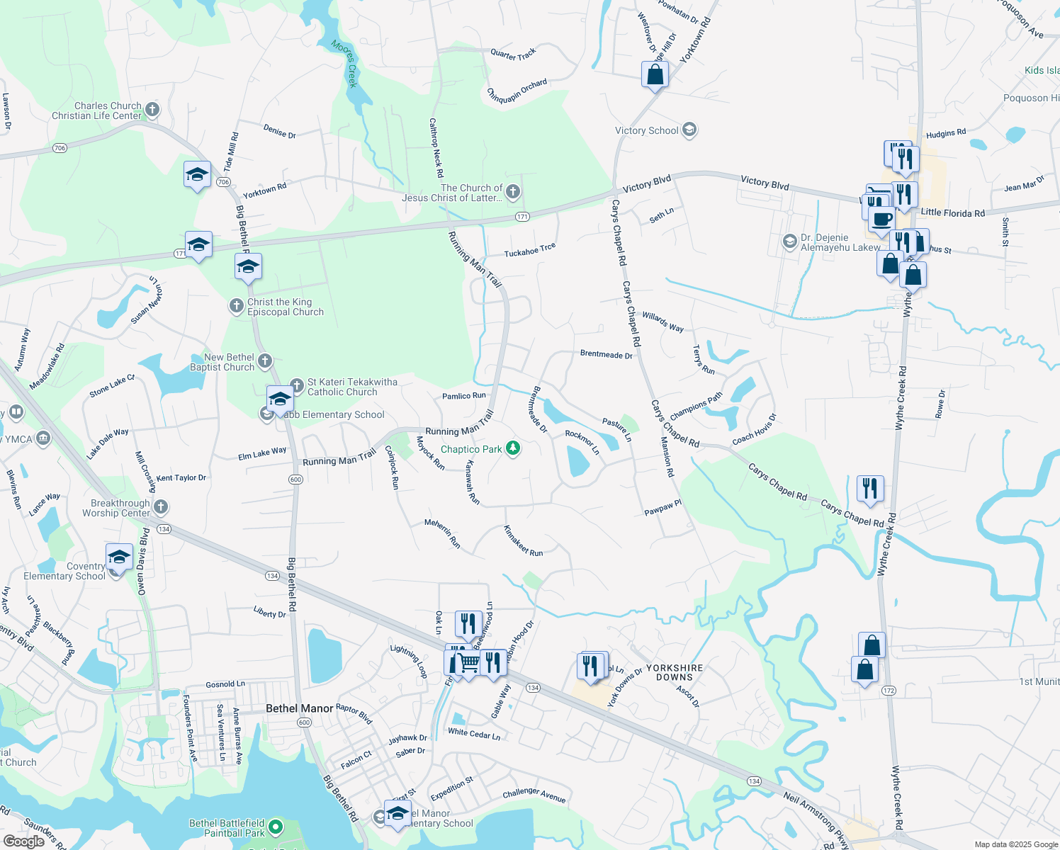 map of restaurants, bars, coffee shops, grocery stores, and more near 318 Brentmeade Dr in Yorktown