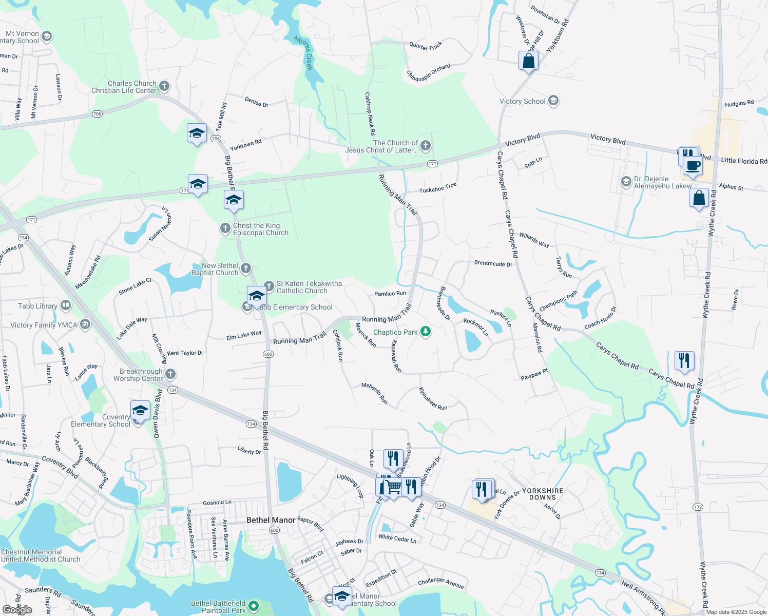 map of restaurants, bars, coffee shops, grocery stores, and more near 106 Chowan Turn in Yorktown