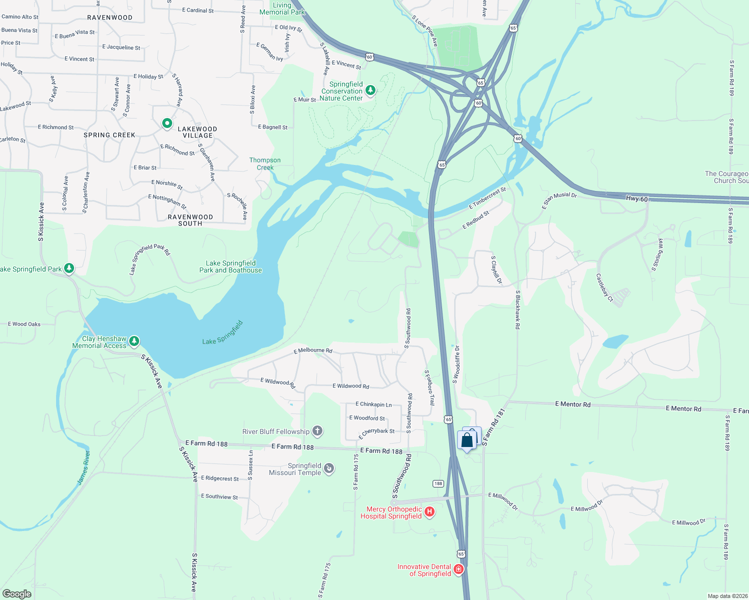 map of restaurants, bars, coffee shops, grocery stores, and more near 5343 South Southwood Road in Springfield