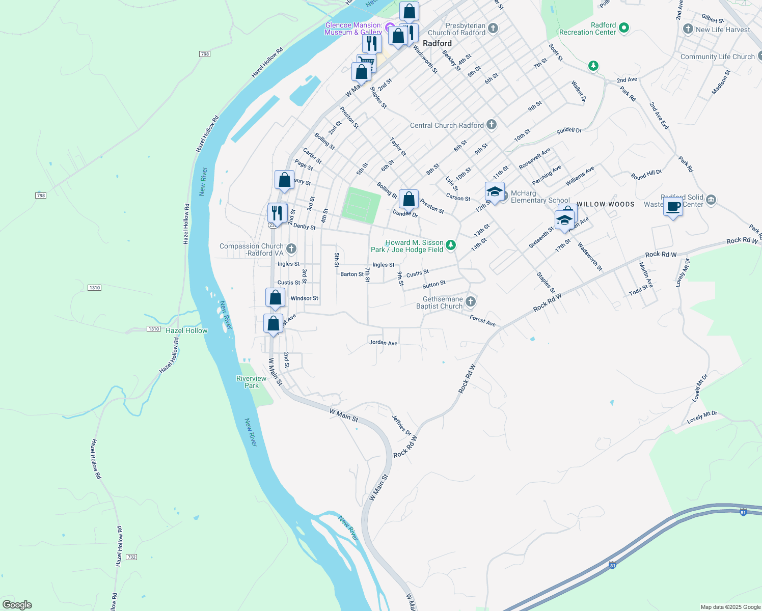 map of restaurants, bars, coffee shops, grocery stores, and more near Summit Ridge in Radford
