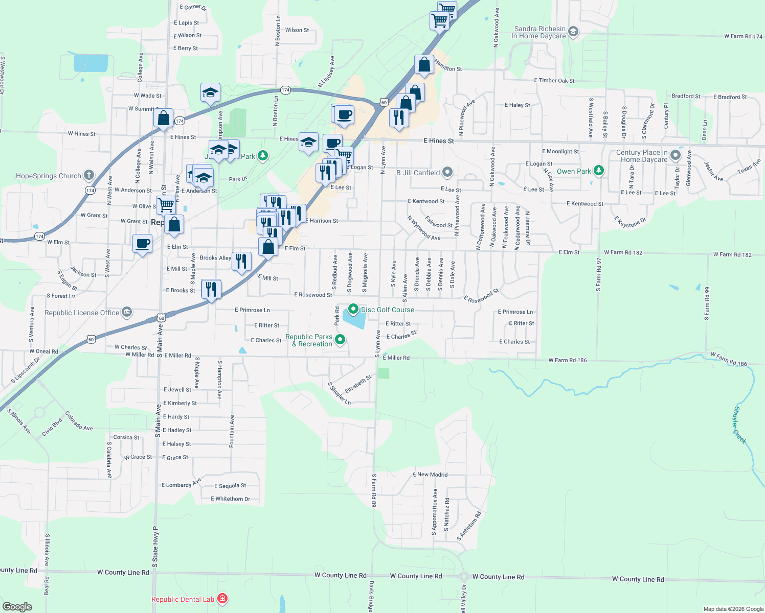 map of restaurants, bars, coffee shops, grocery stores, and more near 1101 East Primrose Lane in Republic