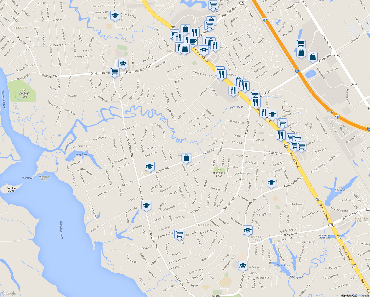 map of restaurants, bars, coffee shops, grocery stores, and more near 410 Marlboro Road in Newport News