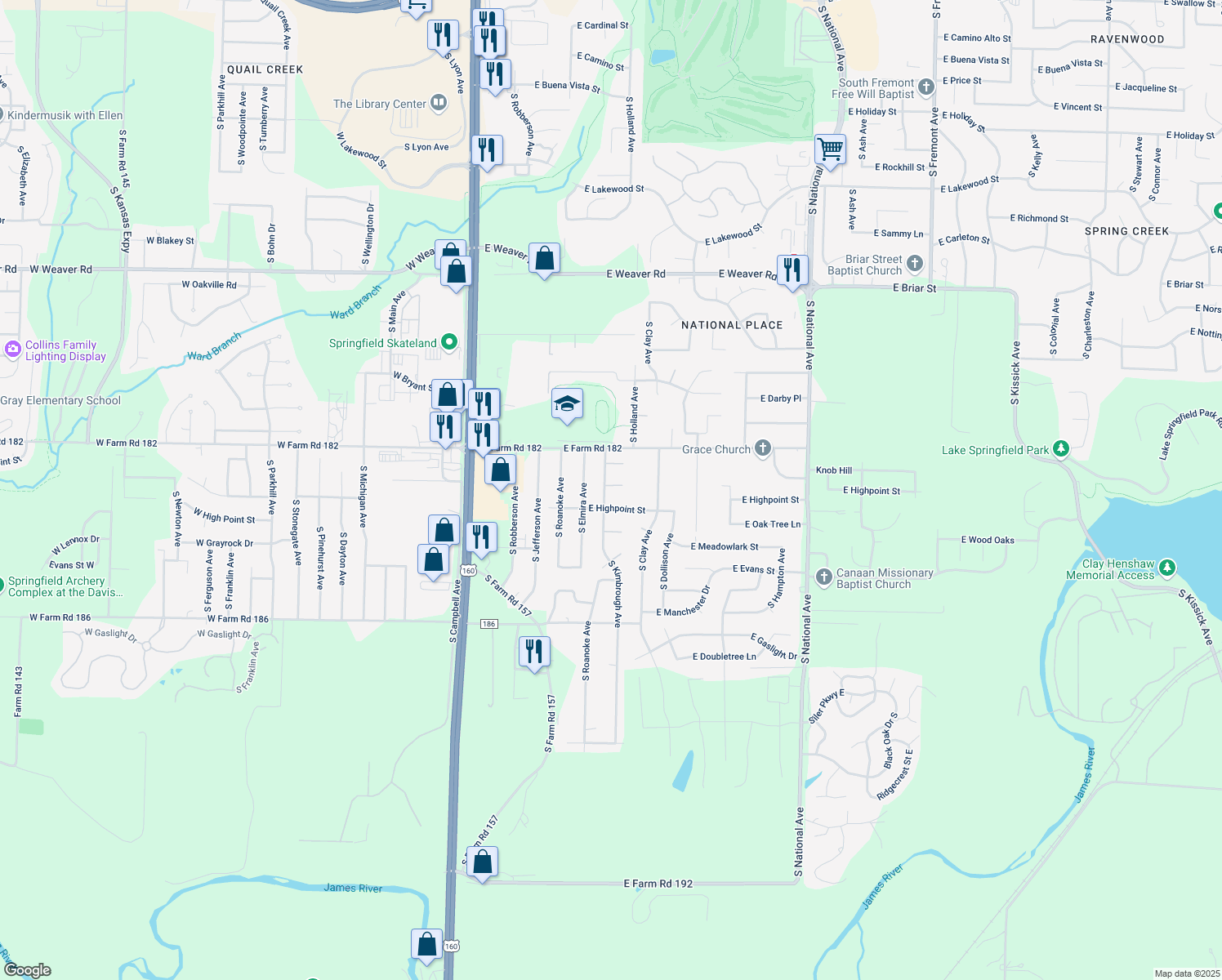 map of restaurants, bars, coffee shops, grocery stores, and more near 5502 S Kimbrough Ave in Springfield