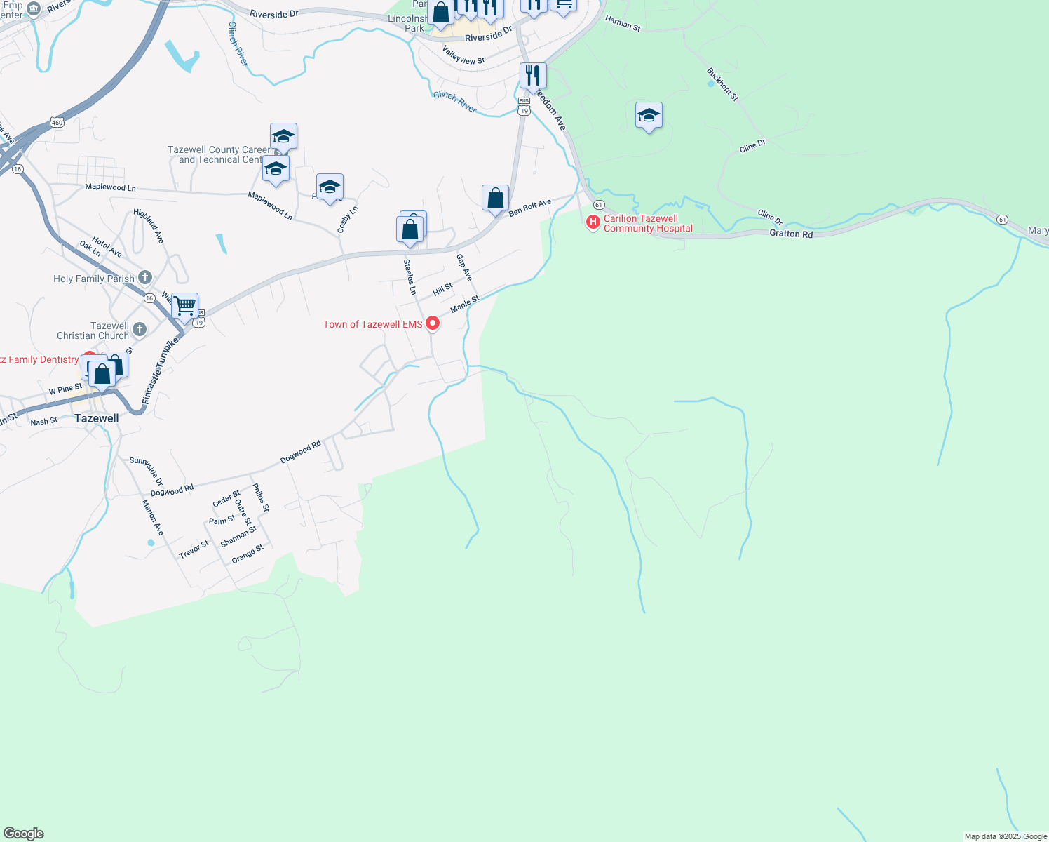 map of restaurants, bars, coffee shops, grocery stores, and more near 675 Steeles Lane in Tazewell