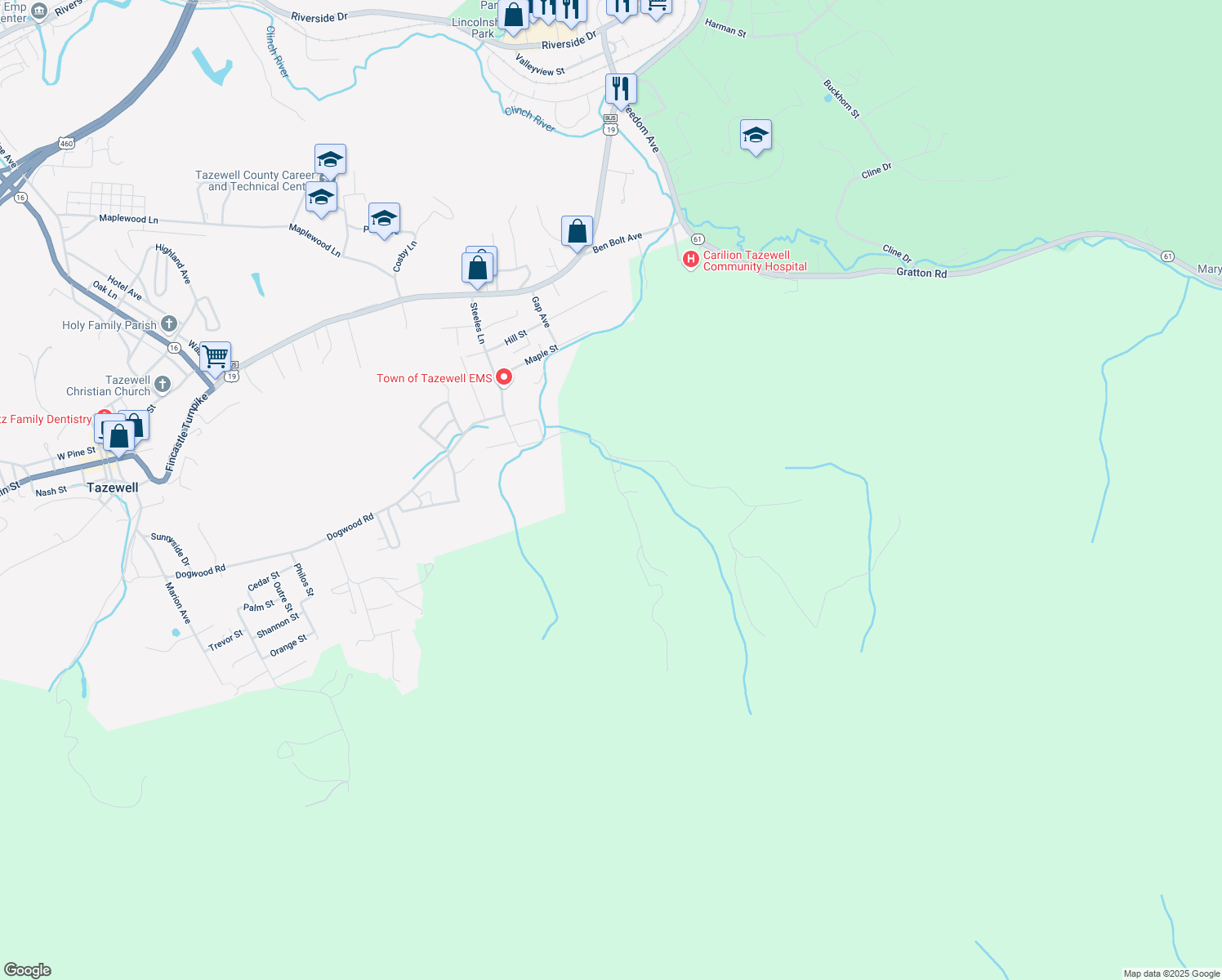 map of restaurants, bars, coffee shops, grocery stores, and more near 675 Steeles Lane in Tazewell
