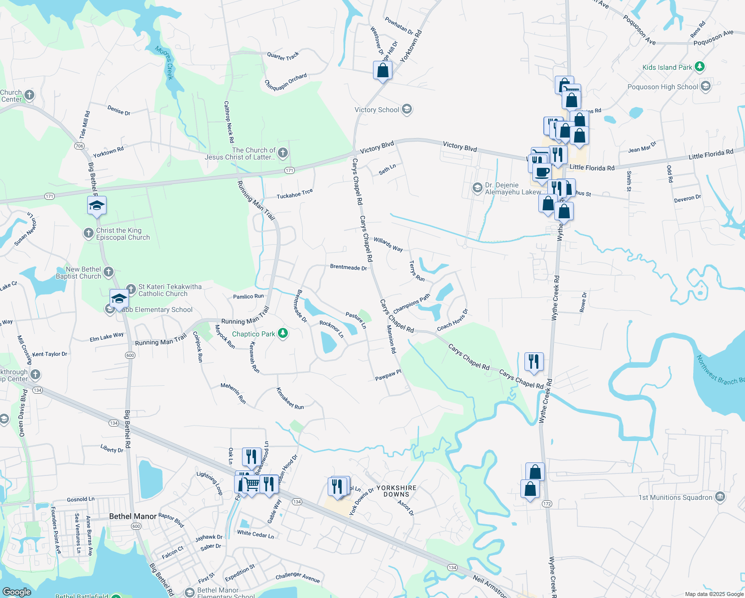 map of restaurants, bars, coffee shops, grocery stores, and more near 1005 Carys Chapel Rd in Yorktown