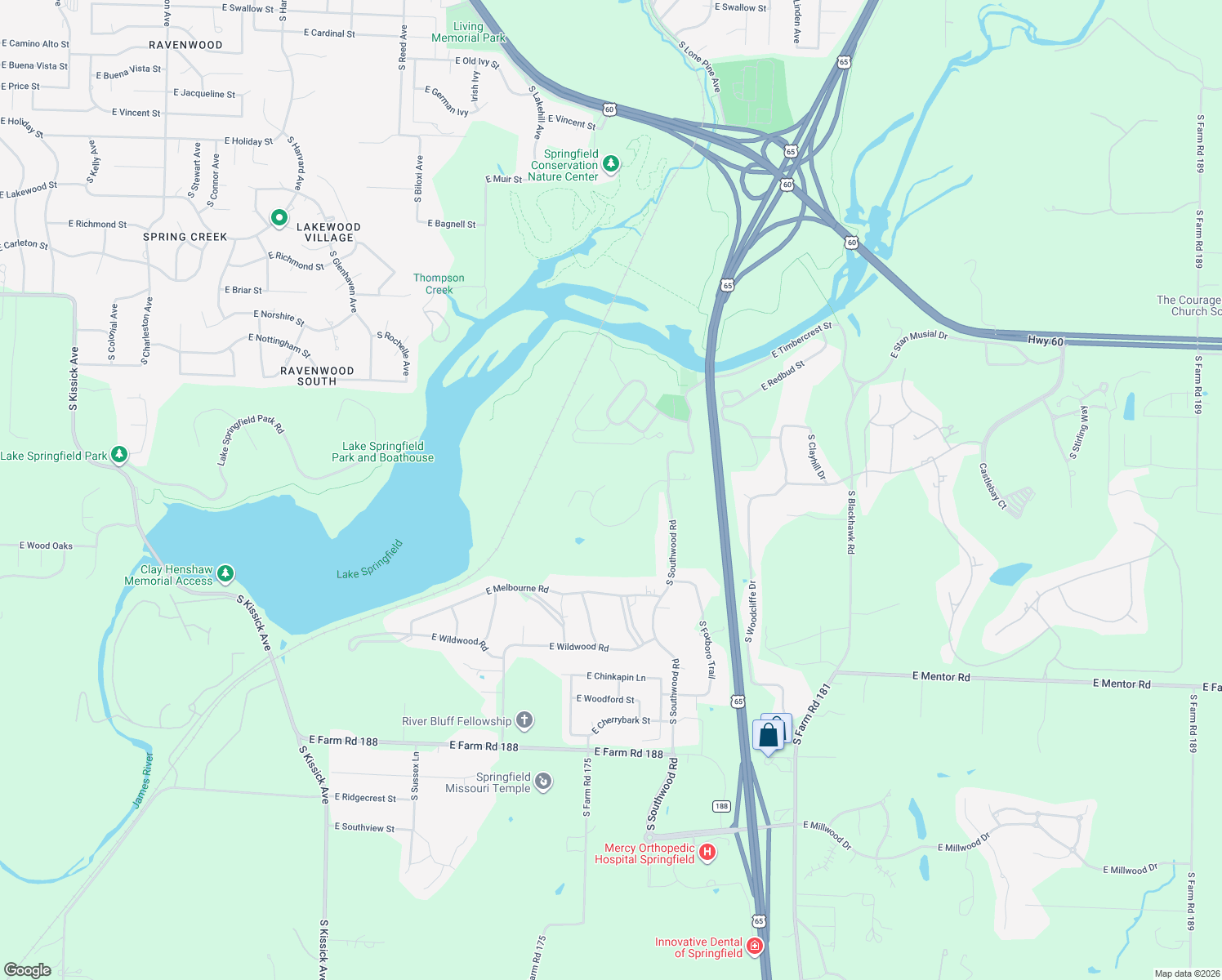 map of restaurants, bars, coffee shops, grocery stores, and more near 5343 South Southwood Road in Springfield