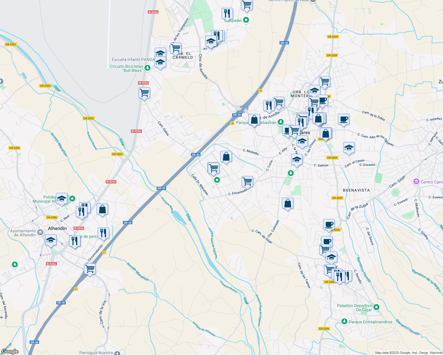 map of restaurants, bars, coffee shops, grocery stores, and more near 24 Calle Doctor Severo Ochoa in Ogíjares