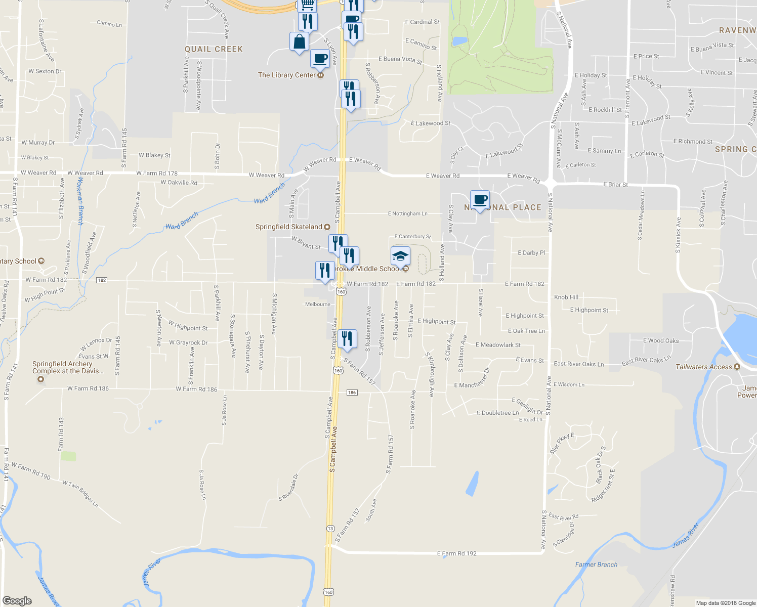 map of restaurants, bars, coffee shops, grocery stores, and more near 5471 South Jefferson Avenue in Springfield