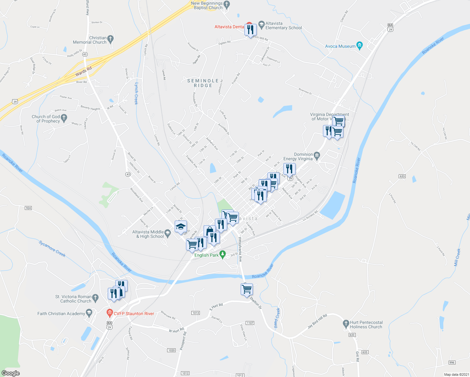 map of restaurants, bars, coffee shops, grocery stores, and more near 904 9th Street in Altavista