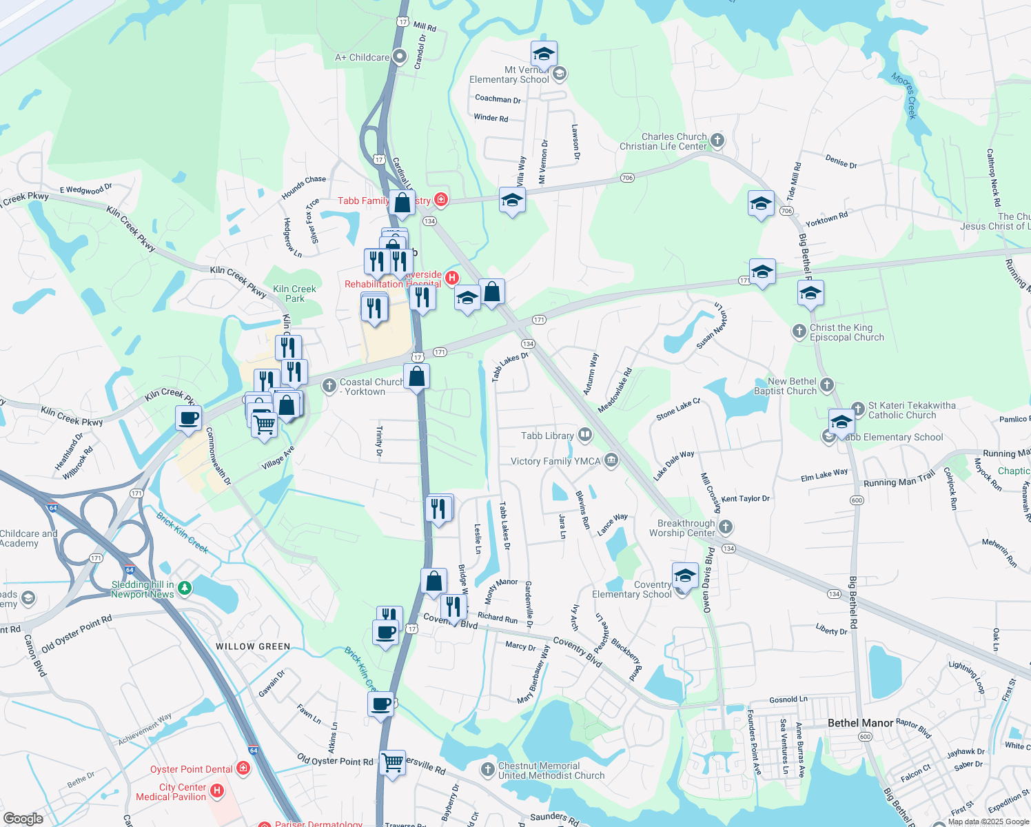 map of restaurants, bars, coffee shops, grocery stores, and more near 106 Heath Place in Yorktown