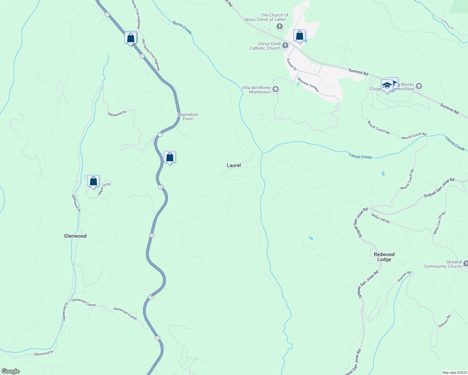 map of restaurants, bars, coffee shops, grocery stores, and more near 16885 Laurel Road in Los Gatos