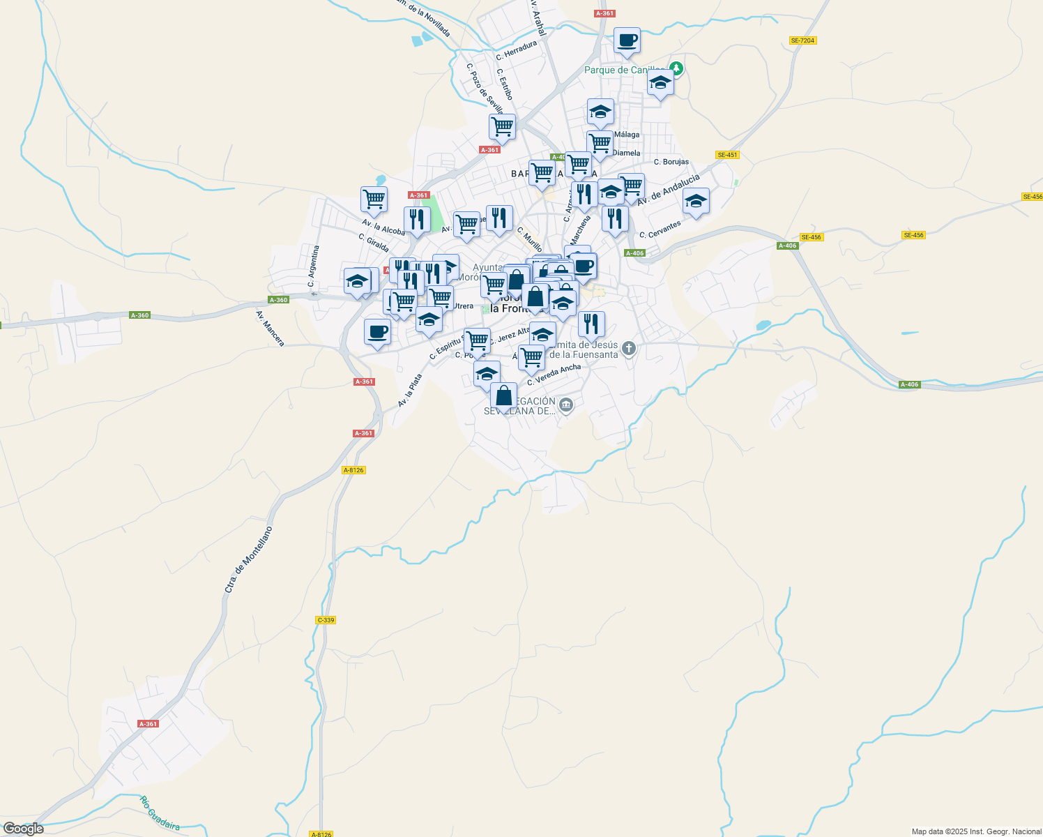 map of restaurants, bars, coffee shops, grocery stores, and more near 125 Calle de los Arrieros in Morón de la Frontera