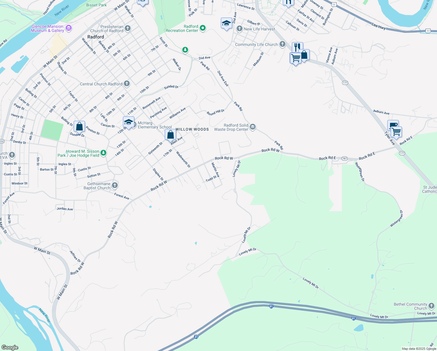 map of restaurants, bars, coffee shops, grocery stores, and more near 1907 Martin Ave in Radford