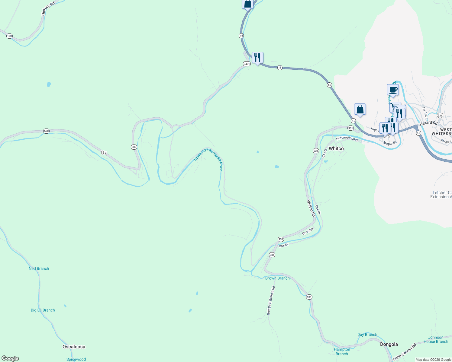map of restaurants, bars, coffee shops, grocery stores, and more near 1109 State Highway 588 in Whitesburg