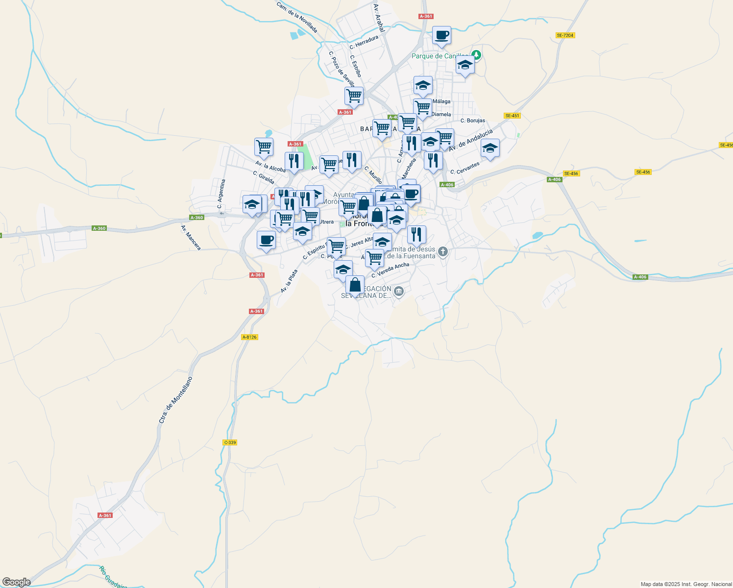 map of restaurants, bars, coffee shops, grocery stores, and more near 125 Calle de los Arrieros in Morón de la Frontera