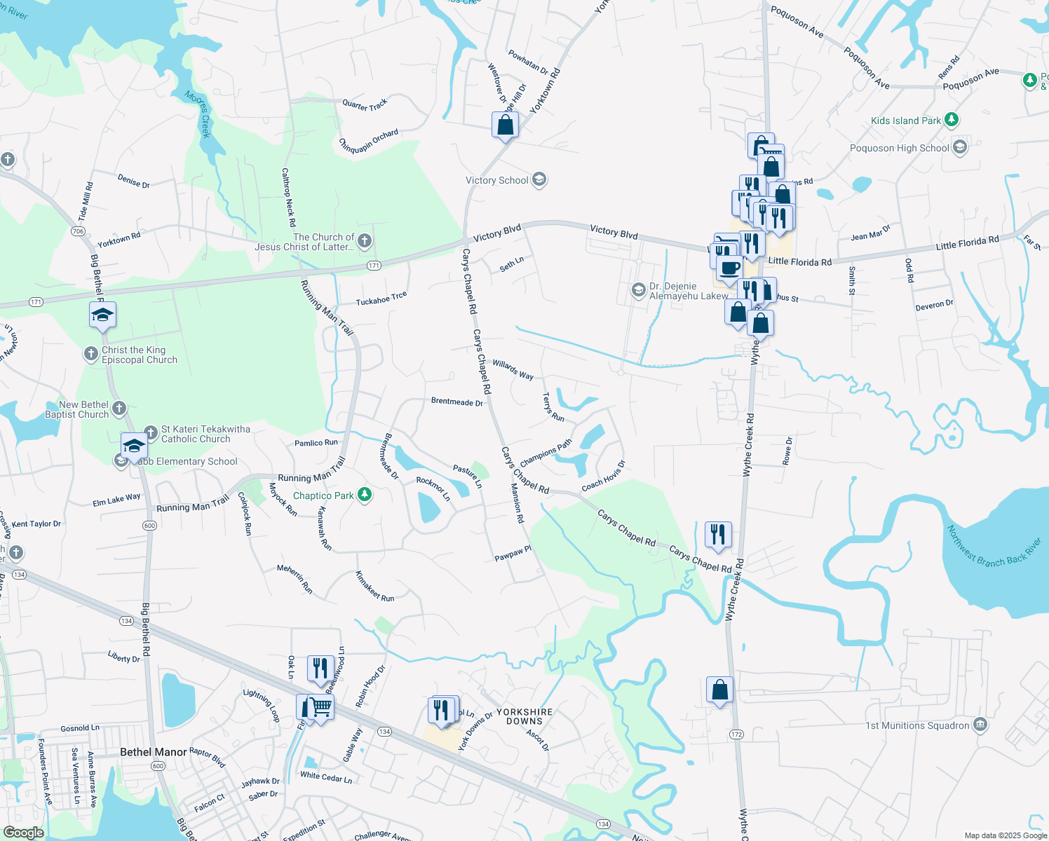 map of restaurants, bars, coffee shops, grocery stores, and more near 108 Waltons Approach in Yorktown