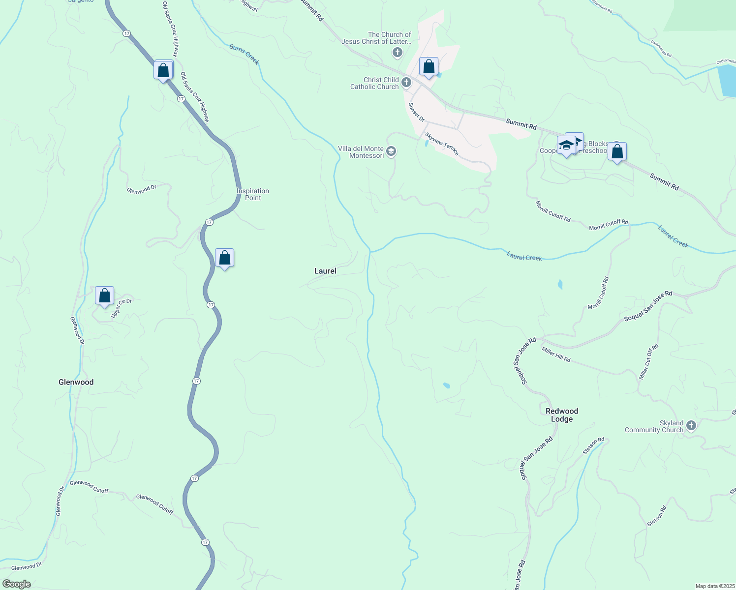 map of restaurants, bars, coffee shops, grocery stores, and more near 16770 Redwood Lodge Road in Los Gatos