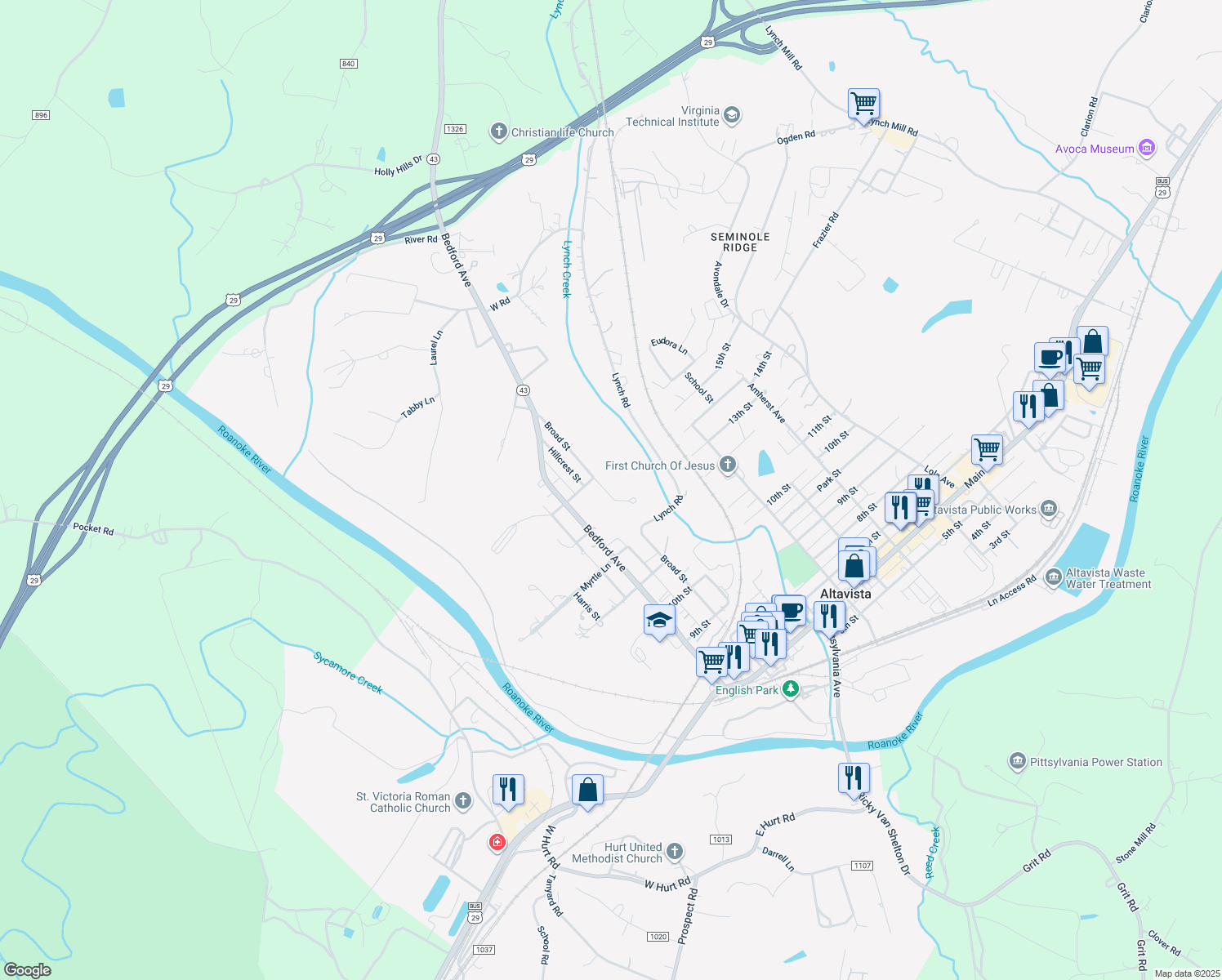map of restaurants, bars, coffee shops, grocery stores, and more near 1303 Broad Street in Altavista